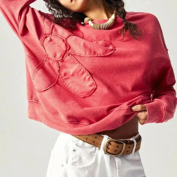 Red Casual Women's Embroidery Design Crew Neck Loose Knit Sweatshirt - Picture 4 of 6